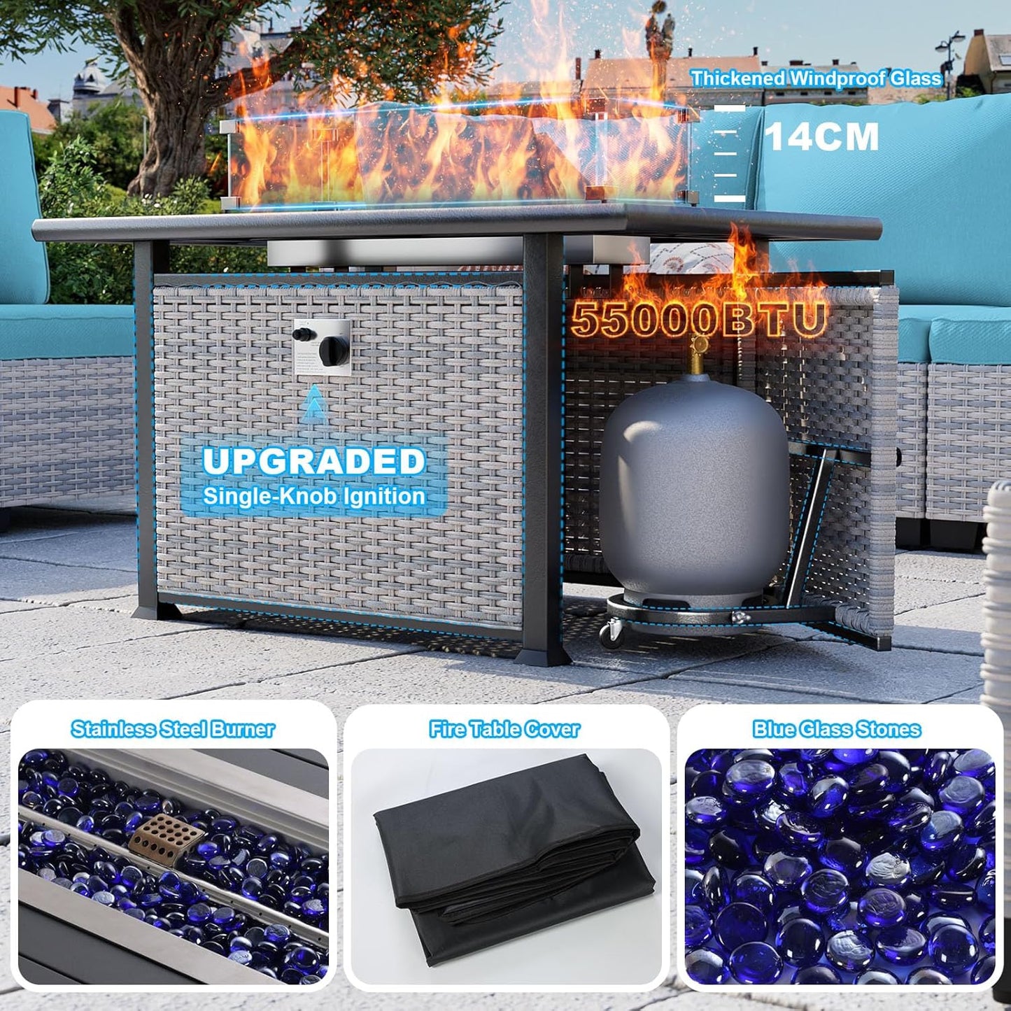 13-Piece Patio Furniture Set, Outdoor Patio Furniture with Swivel Chairs Set, Ottomans, 55,000 BTU Fire Pit Table, Modular Patio Sofa, Dual-Strand Wicker Rattan, Rust-Resistant Frame, Lake Blue