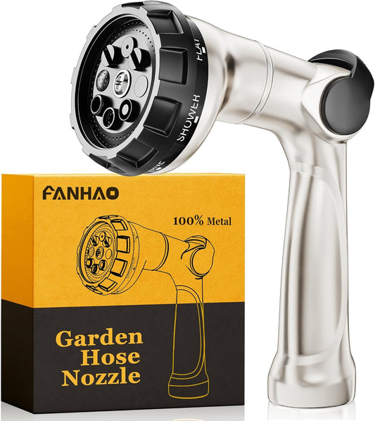 FANHAO Professional Heavy Duty Garden Hose Nozzle, 100% Metal Thumb Control Water Hose Sprayer with 8 Spray Patterns, High Pressure Water Nozzle for Lawn & Plant Watering, Car & Pet Washing
