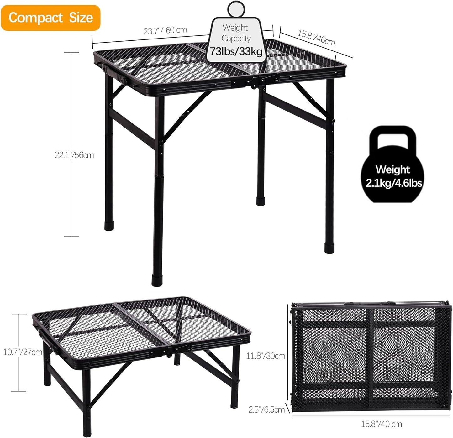 23”L×15”W×22”H Small Metal Folding Table, Camping Grill BBQ Side Table for Outdoor Garden Patio Yard- Portable Lightweight, Compact Grill Stand