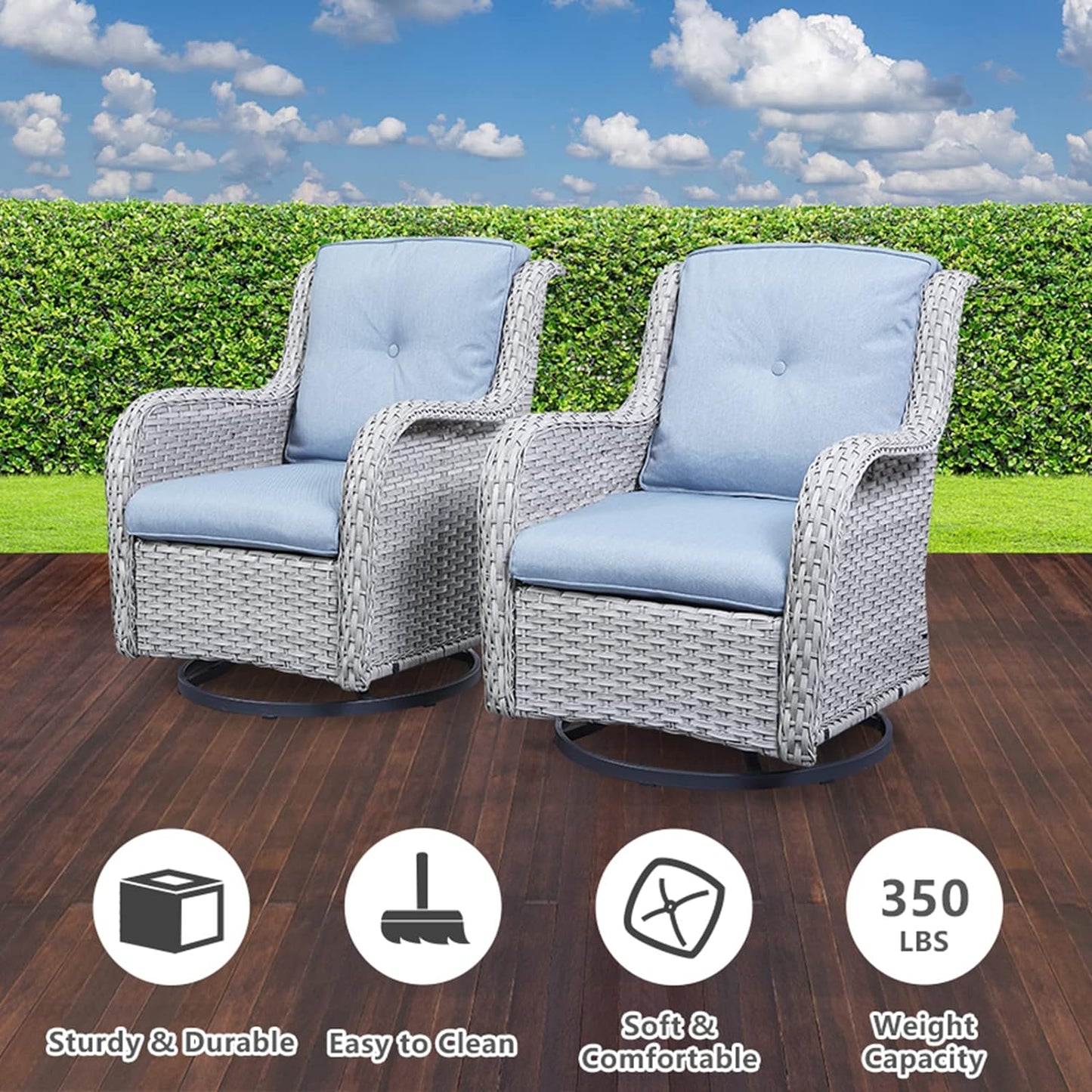 Wicker Patio Furniture Sets - 8 Piece Outdoor Rattan Furniture Conversation Sets with 4 Swivel Rocker Chairs, Rattan Sofa, Wicker Ottomans and Coffee Table, Light Grey/Baby Blue