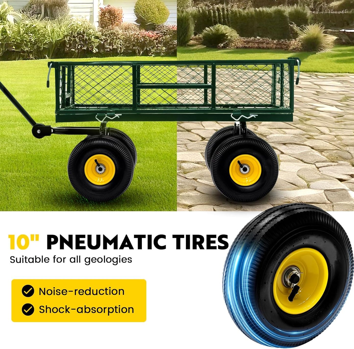 Steel Garden Cart, 2-in-1 Heavy Duty Utility Wagon 900 LBS Capacity Carts with Removable Mesh Sides to Convert into Flatbed, 240° U-Turn 10" Pneumatic Tires Garden Wagon for Lawn Camping Farm Yard