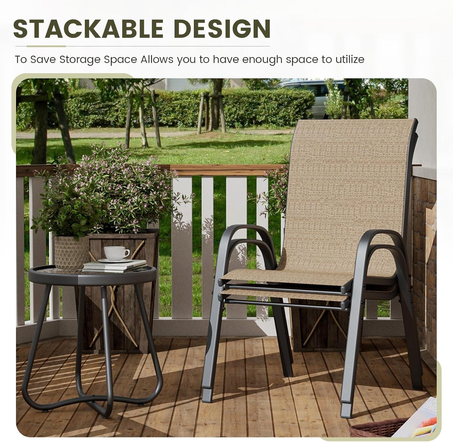 UDPATIO Patio Dining Set of 3, Outdoor Table and Chairs Set with Glass Table, 2 Stackable Patio Chairs with High Back, Outdoor Furniture Sets for Deck Garden Backyard Lawn Poolside (Brown)