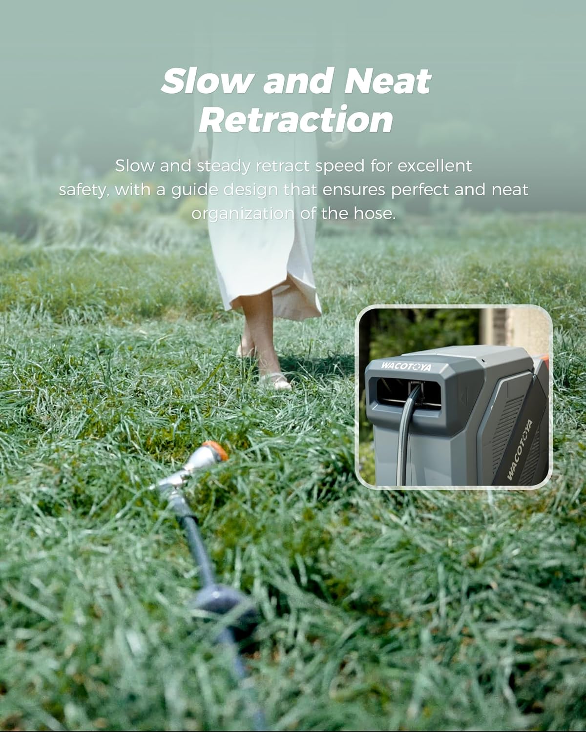 Retractable Garden Hose Reel 1/2 in x 175 ft Professional Metal Bracket & 9-Pattern Metal Nozzle UV Resistant Brass Fitting Heavy Duty Wall Mount Any Length Lock Slow Retraction 180° Swivel