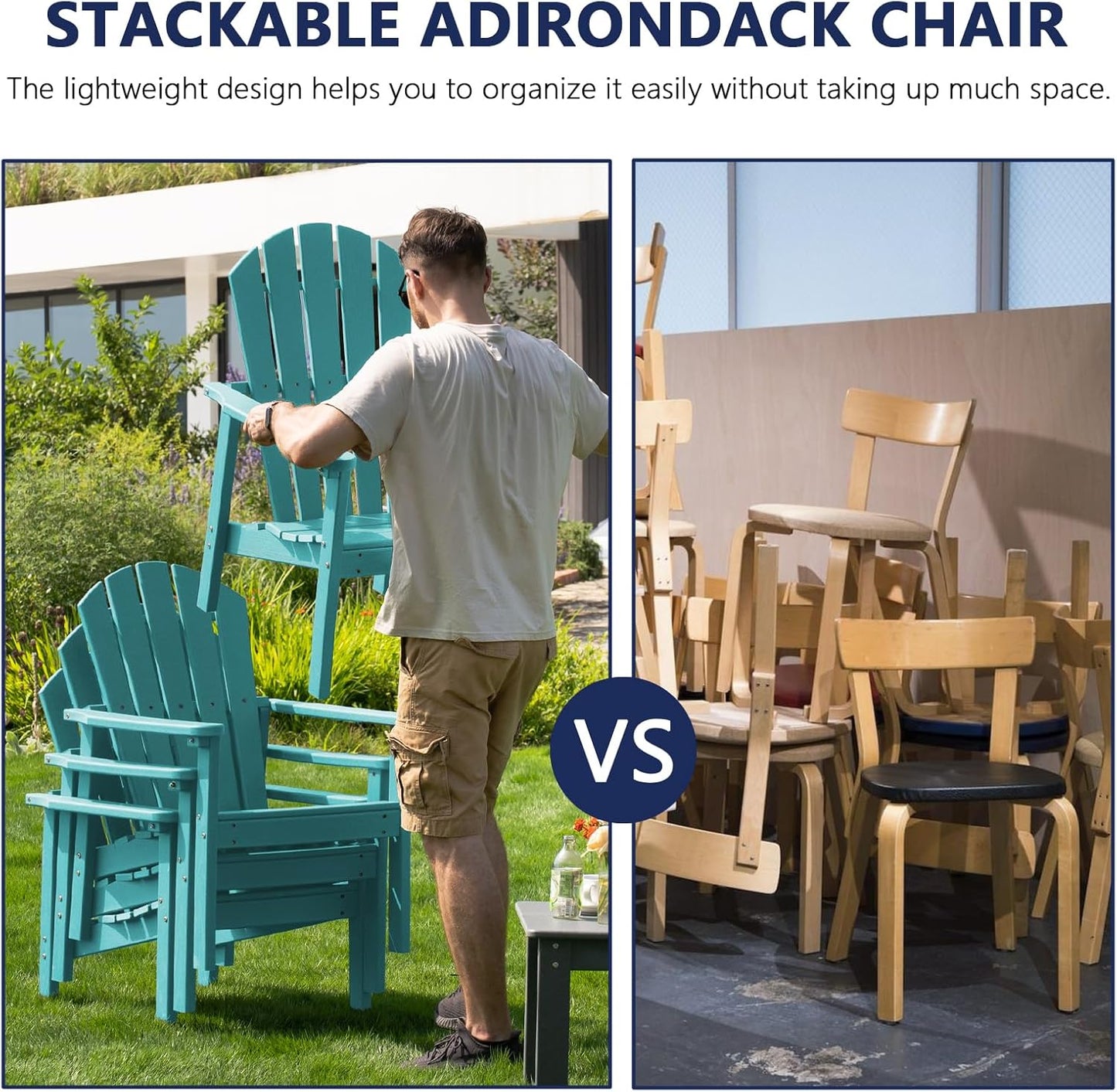 Stackable Adirondack Chair, HDPE Outdoor Patio Chair - Durable and Space Saving, Suitable for Porches, Lawns or Garden, Aruba