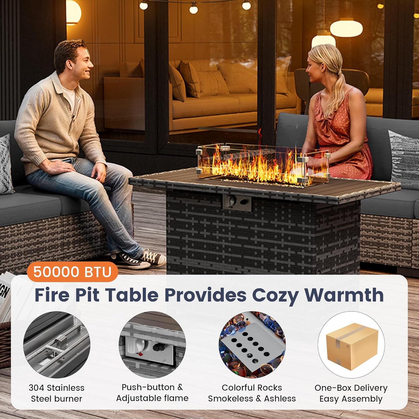 UDPATIO Patio Furniture Set with Fire Pit Table, 8 Piece Outdoor Sectional Modular Sofa, Wicker Outdoor Furniture Conversation Sets with Waterproof Cover for Backyard Deck(Grey/Dark Grey)