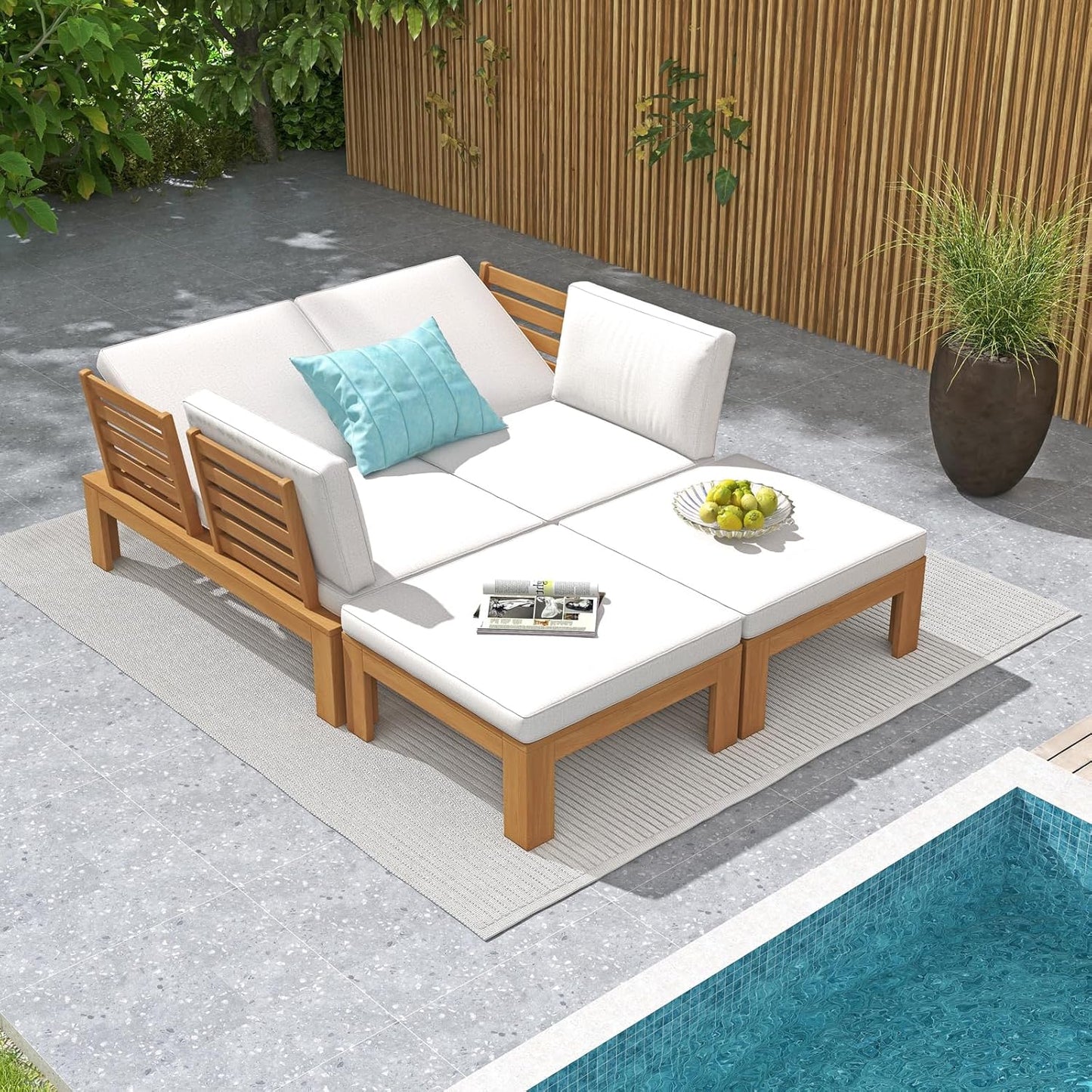 SUNSITT 4 Piece Acacia Wood Patio Furniture Outdoor Sectional Sofa Set with Adjustable Armrest, FSC Certified L-Shaped Patio Set w/2-in-1 Coffee Table, Cream White Cushions for Garden