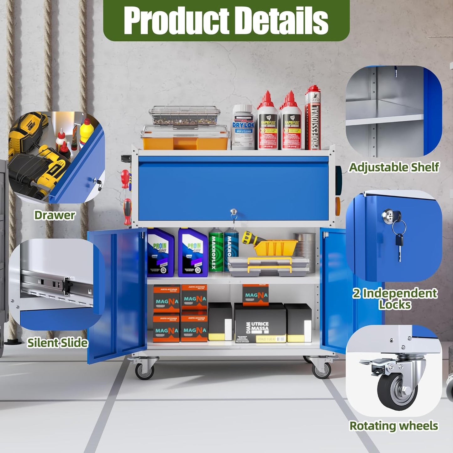 Metal Storage Cabinet on Wheels with 1 Drawer, Rolling Steel Garage Tools Cabinet with Side Pegboard &4 Hooks & 1 Adjustable Shelf for Garage,Shop,Home, Blue/Gray, Assembly Required