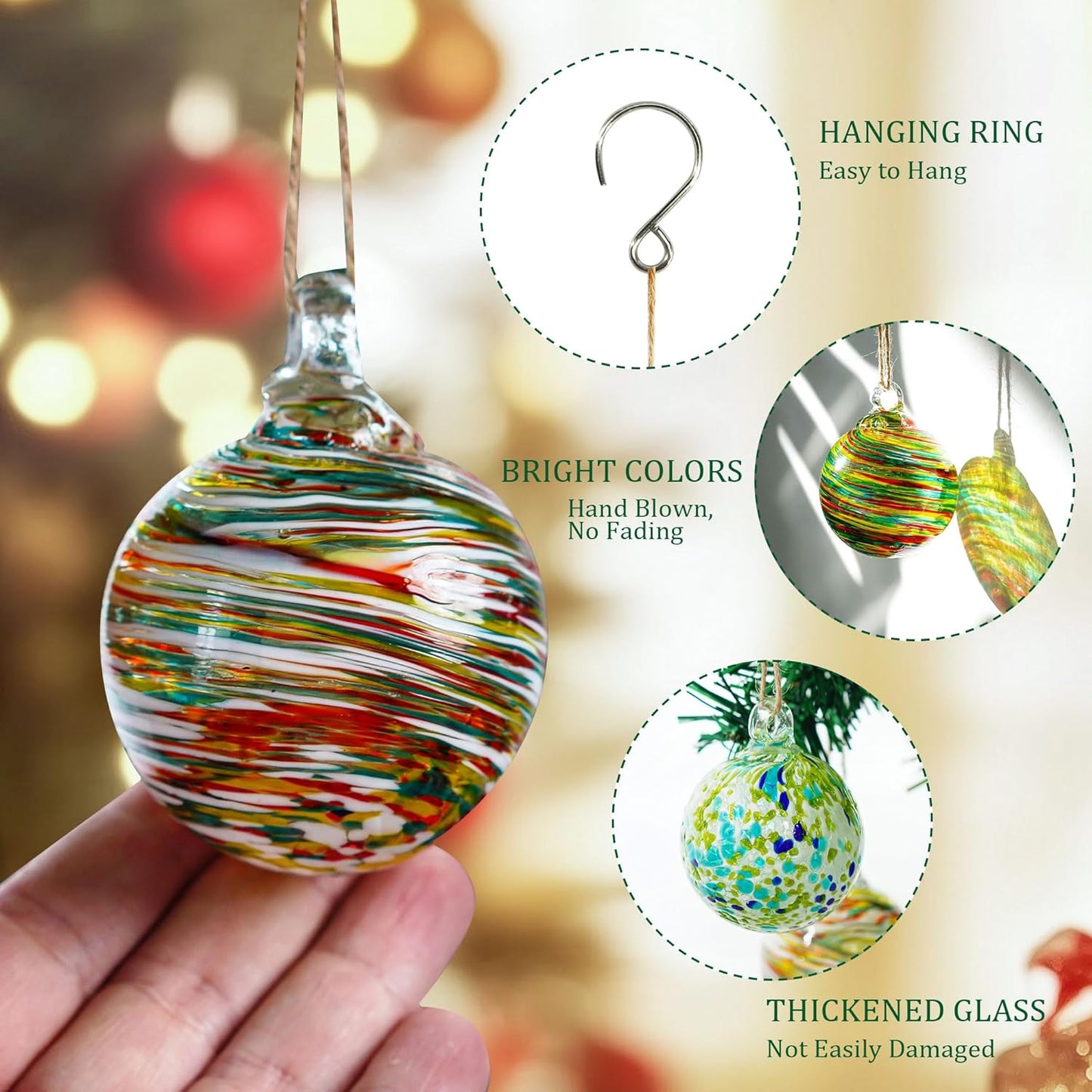 6 Pcs Blown Glass Ornaments Balls, 2.3inch Hand Blown Glass Christmas Ornaments for Tree, Hanging Gazing Ball Friendship Ball Witch Balls for Window Garden Home Decor for Women