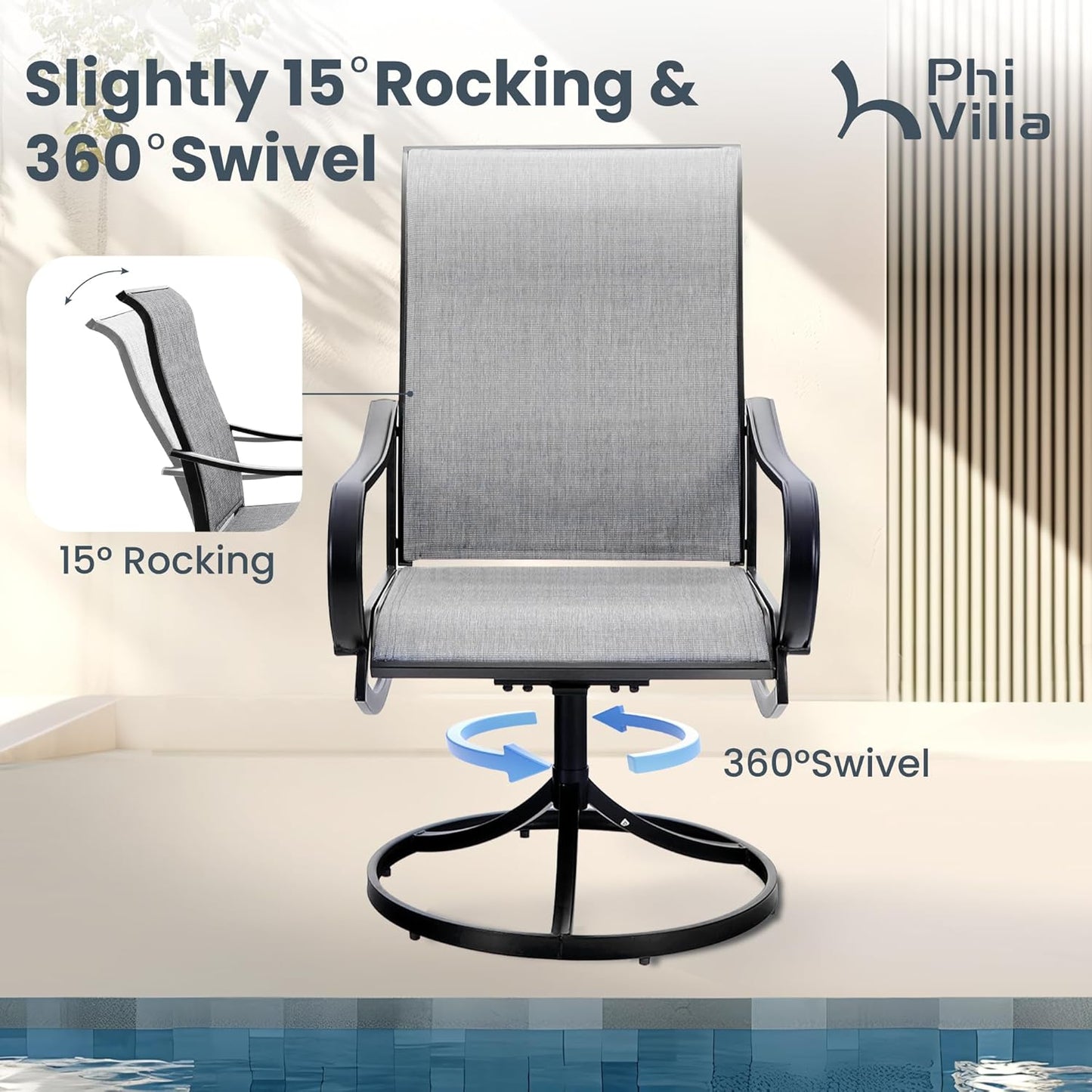 PHI VILLA Patio Swivel Dining Chairs Set of 4, Outdoor Chair with Textilene Mesh Fabric & Black Metal Frame for All Weather Outdoor Lawn Garden Poolside (Gray)