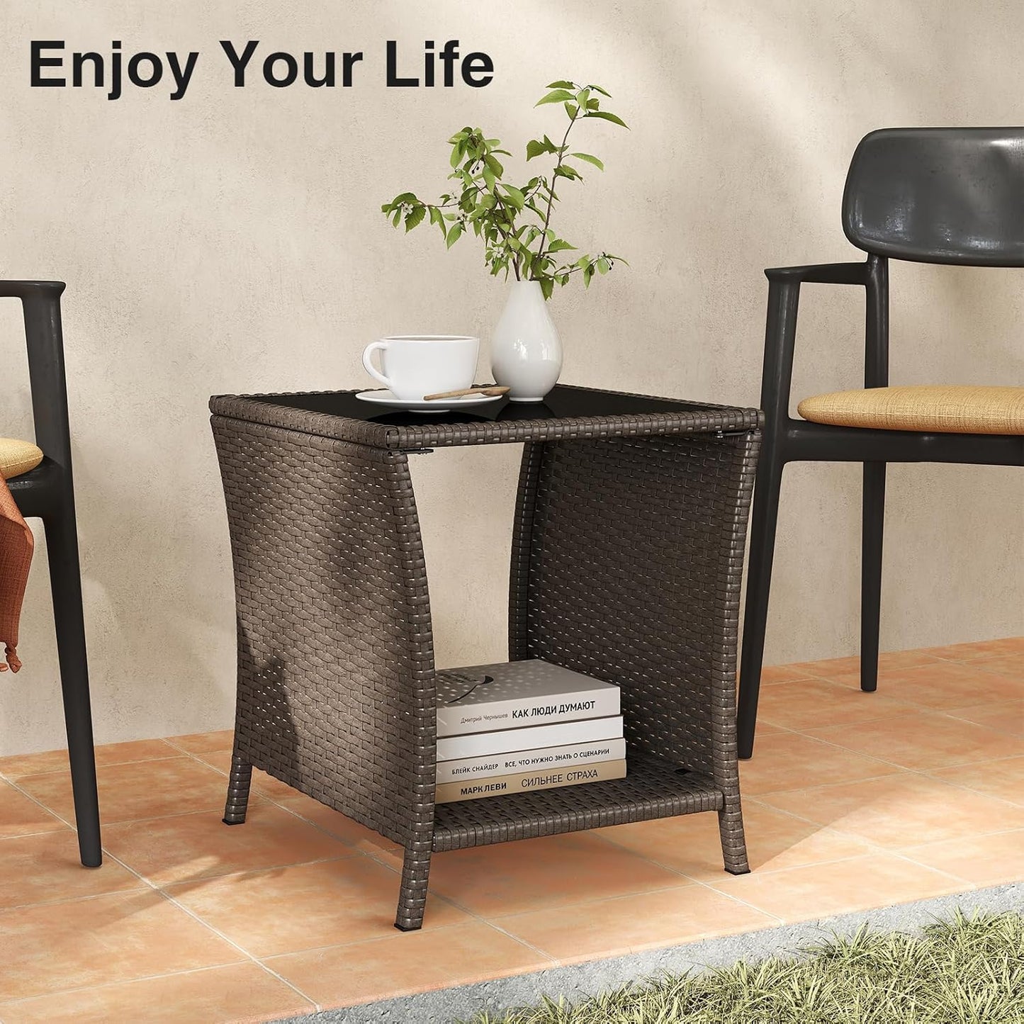 Outdoor Small Patio Table - PE Rattan Coffee Table, Wicker Side Table for Patio, Balcony & Porch, Durable & Iron Frame (2, Sesame)