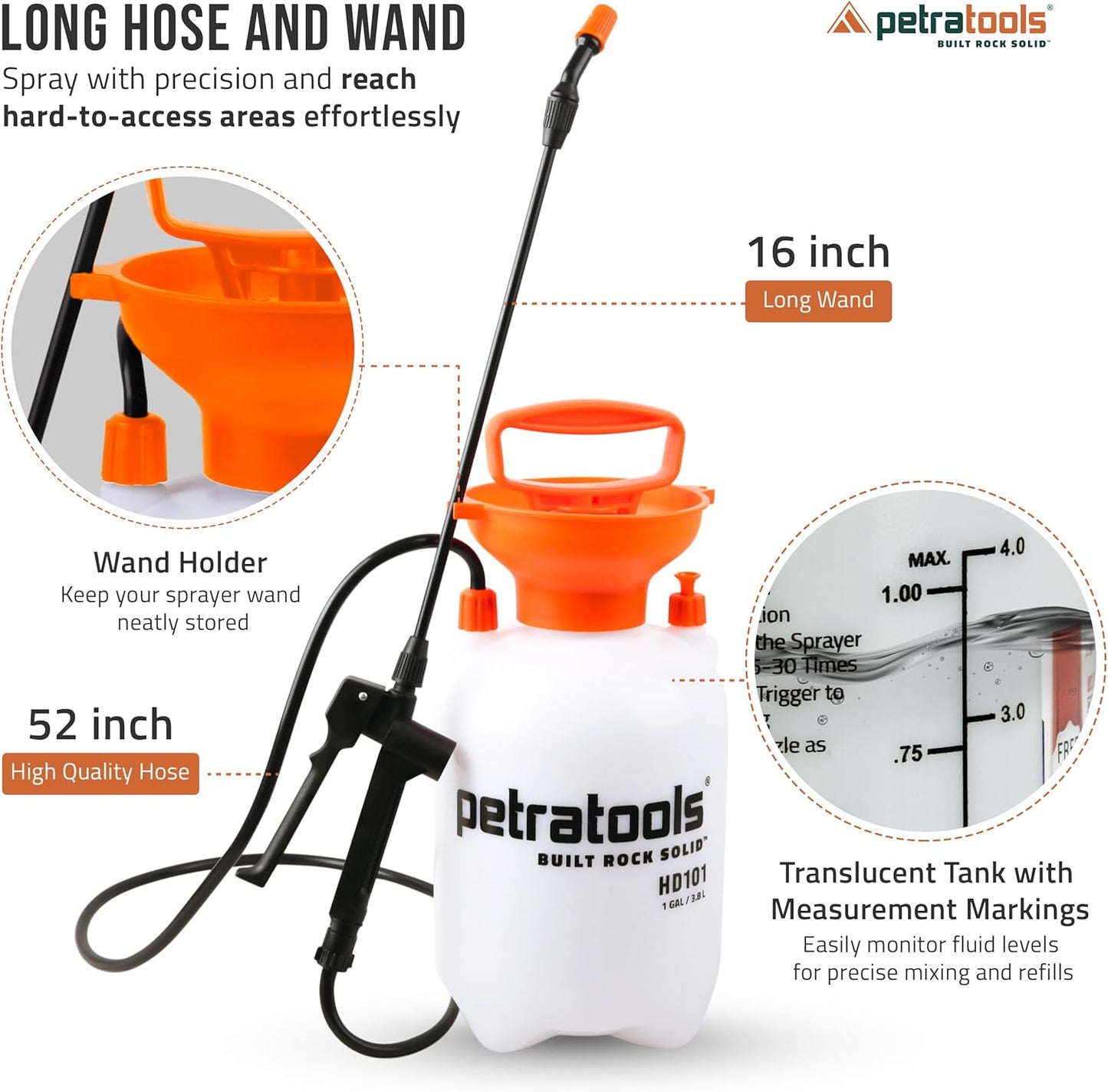 Petratools 1 Gallon Pump Sprayer – HD101 Garden Sprayer for Weeds, Lawn Care & Pesticides – 52” Long Hose, 2 Nozzles & Easy Carry Handle – Durable & Lightweight