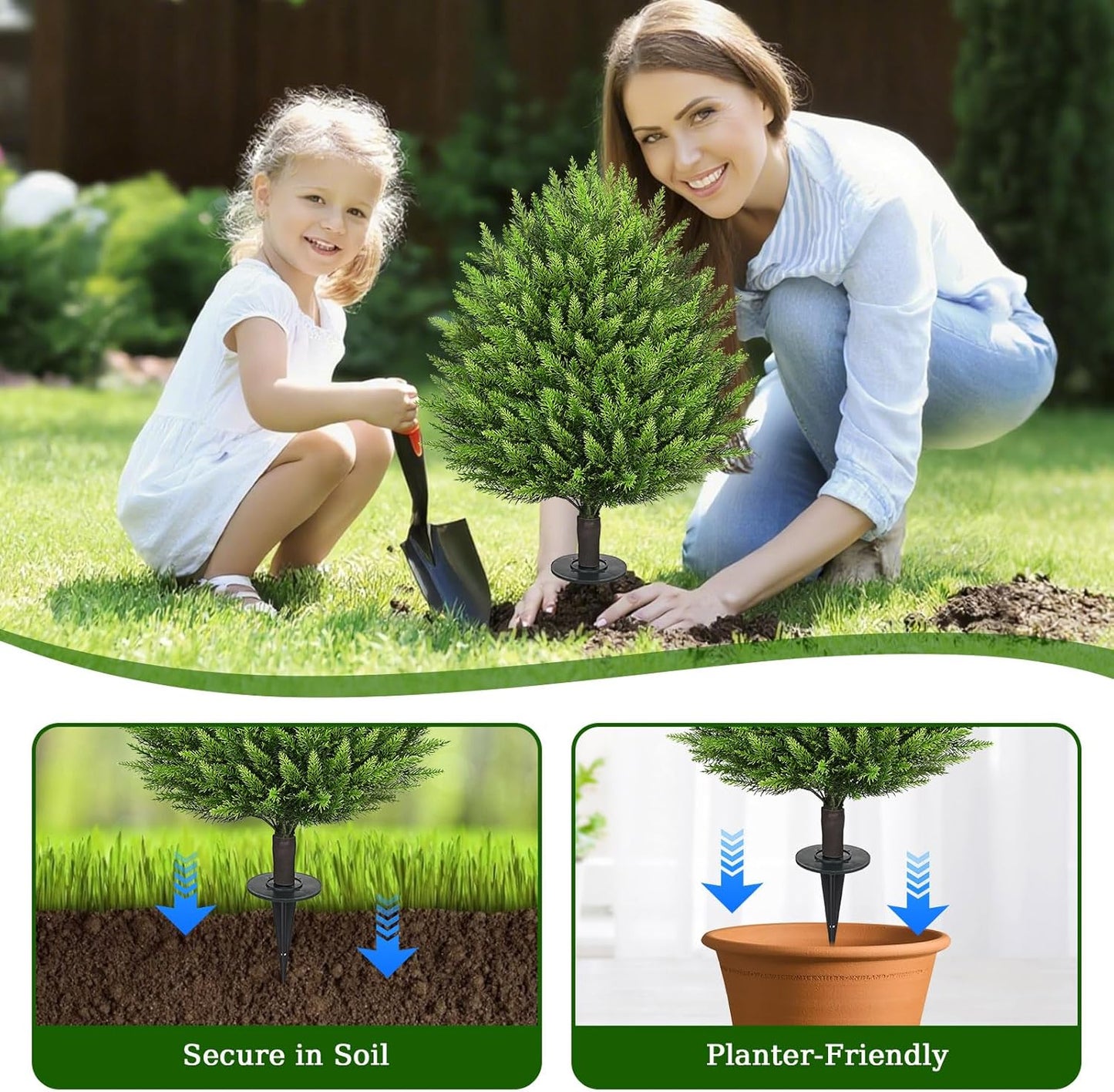 31" Artificial Cedar Topiary Ball Trees with Ground Spike,2 Pack Fake Pine Shrubs Bushes, UV Resistant Faux Evergreen Cypress Tree Plants for Indoor Outdoor Planters Front Porch Garden Decor