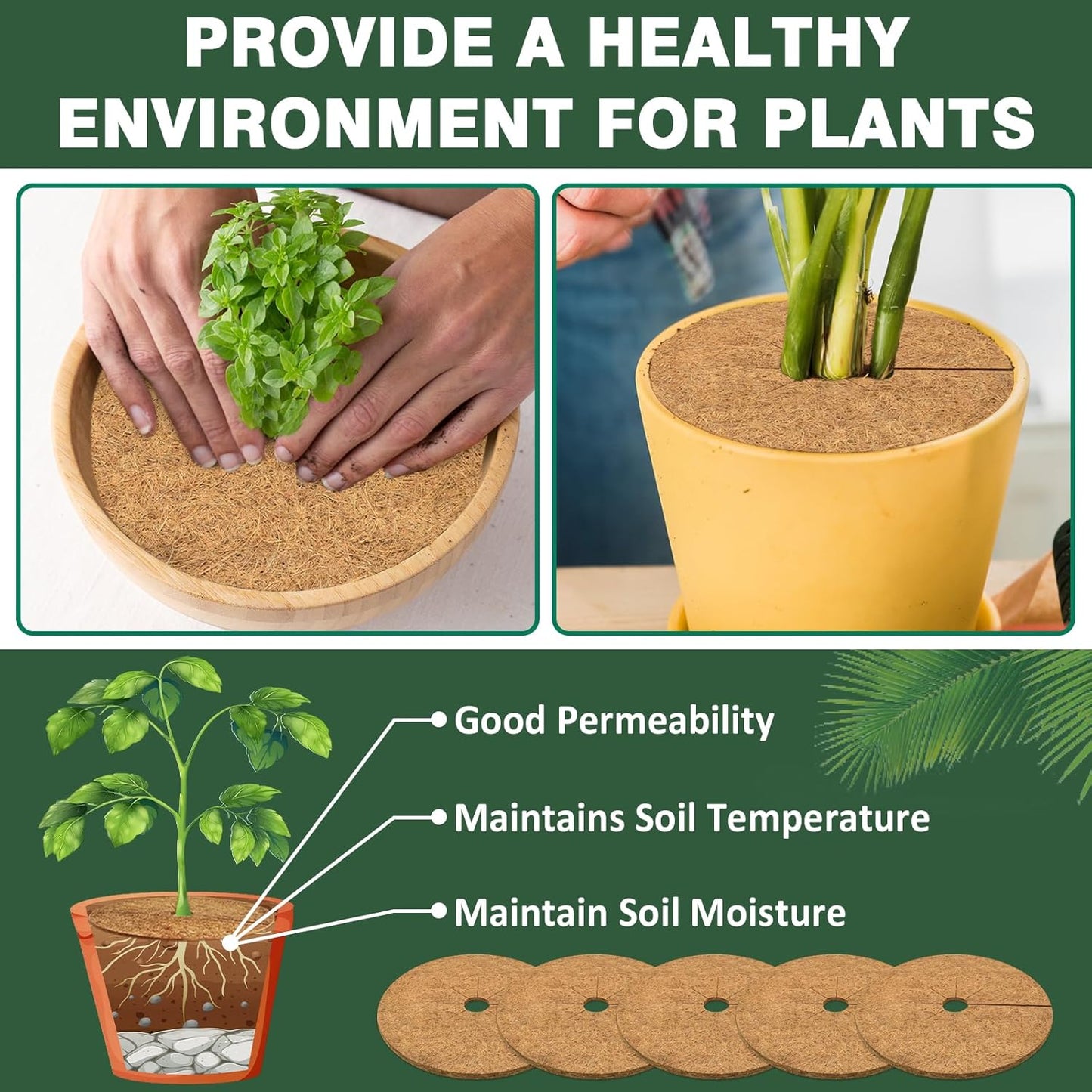 ZeeDix 10 Pack 9 Inch Coconut Fiber Mulch Ring, 100% Natural Coco Coir Tree Ring Mulch Mat Plant Protector Mat, Coconut Coir Discs Plant Pot Soil Cover for Indoor Outdoor Plants, Flower Pot Decoration