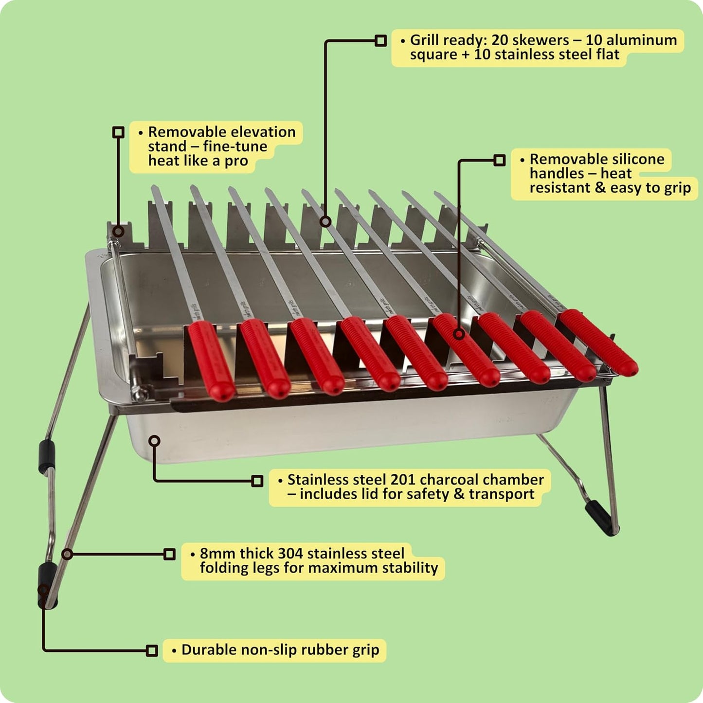 𝗖𝗵𝗮𝗿𝗰𝗼𝗮𝗹 𝗞𝗮𝗯𝗼𝗯 𝗚𝗿𝗶𝗹𝗹 by 𝗡𝗼𝗿𝘁𝗵 𝗚𝗿𝗶𝗹𝗹𝘀: precise heat control, silicone-handle square & flat skewers, charcoal starter tool, tongs, BBQ gloves, and storage & travel bags.