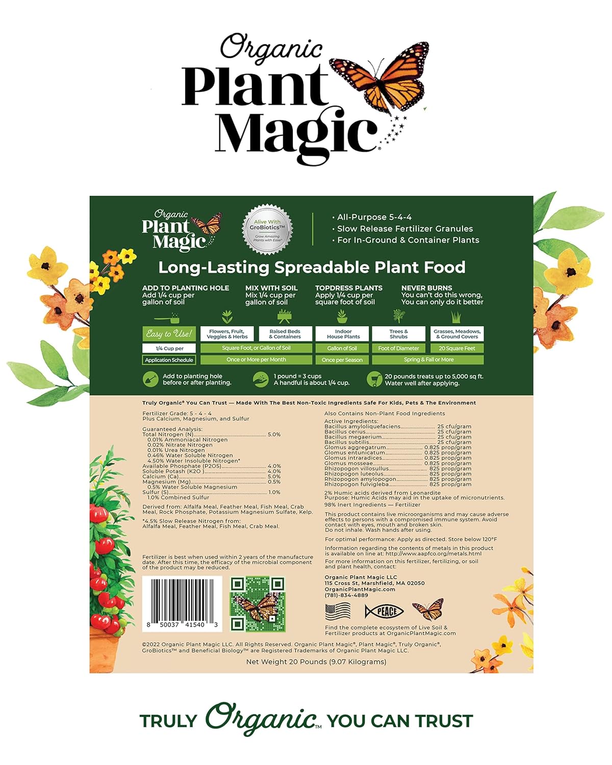 Organic Plant Magic - Truly Organic™ Long-Lasting Spreadable Plant Food: All-Purpose Fertilizer Granules for All Flower Vegetable Herb Fruit Tree Shrub Container Garden & House Plants [One 20 lb Bag]