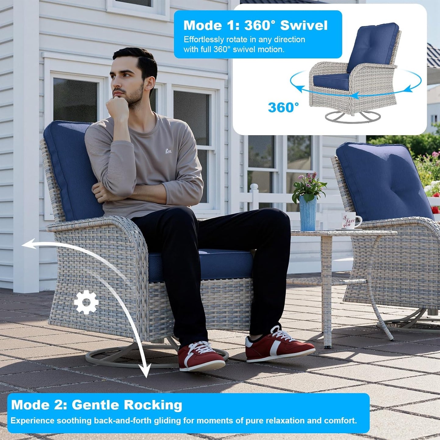 12-Piece Patio Furniture Set, Outdoor Patio Furniture with Swivel Chairs Set, Ottomans, Modular Patio Sofa, Dual-Strand Wicker Rattan, Rust-Resistant Frame, Navy Blue