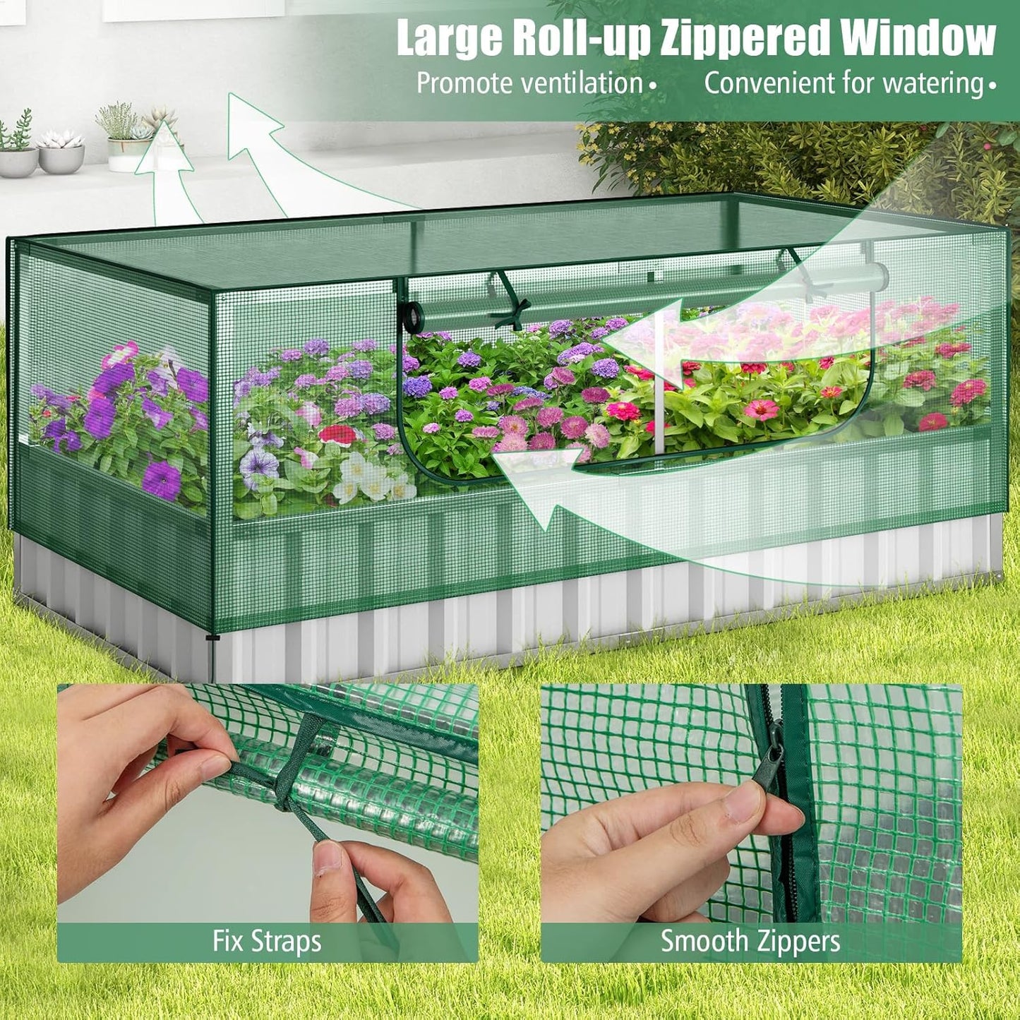 S AFSTAR Galvanized Raised Garden Bed with Greenhouse, 69” x 36” x 28” Bottomless Flower Bed w/Large Roll-up Window, 8PCS T Tags & Gloves, Outdoor Rectangular Planter Box Kit for Herb Vegetable Fruit