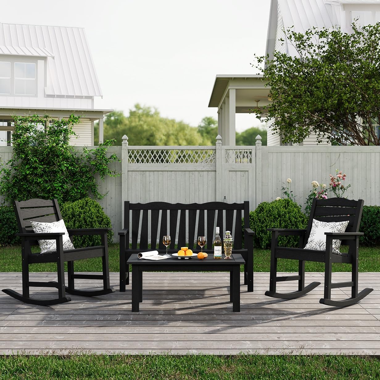 Outdoor Rocking Chairs Set, Weatherproof HIPS Outdoor Furniture, Include 2 Patio Rocking Chairs + Outdoor Bench, Suit for Garden, Porch, Lawn & Backyard(Black)