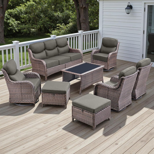Wicker Outdoor Patio Furniture Set - 8 Piece Patio Conversation Sets with Swivel Rocker Chairs, Ottomans, Sofa and Coffee Table, 6 inch Cushions, Deep Seating, for Porch Deck Brown/Grey