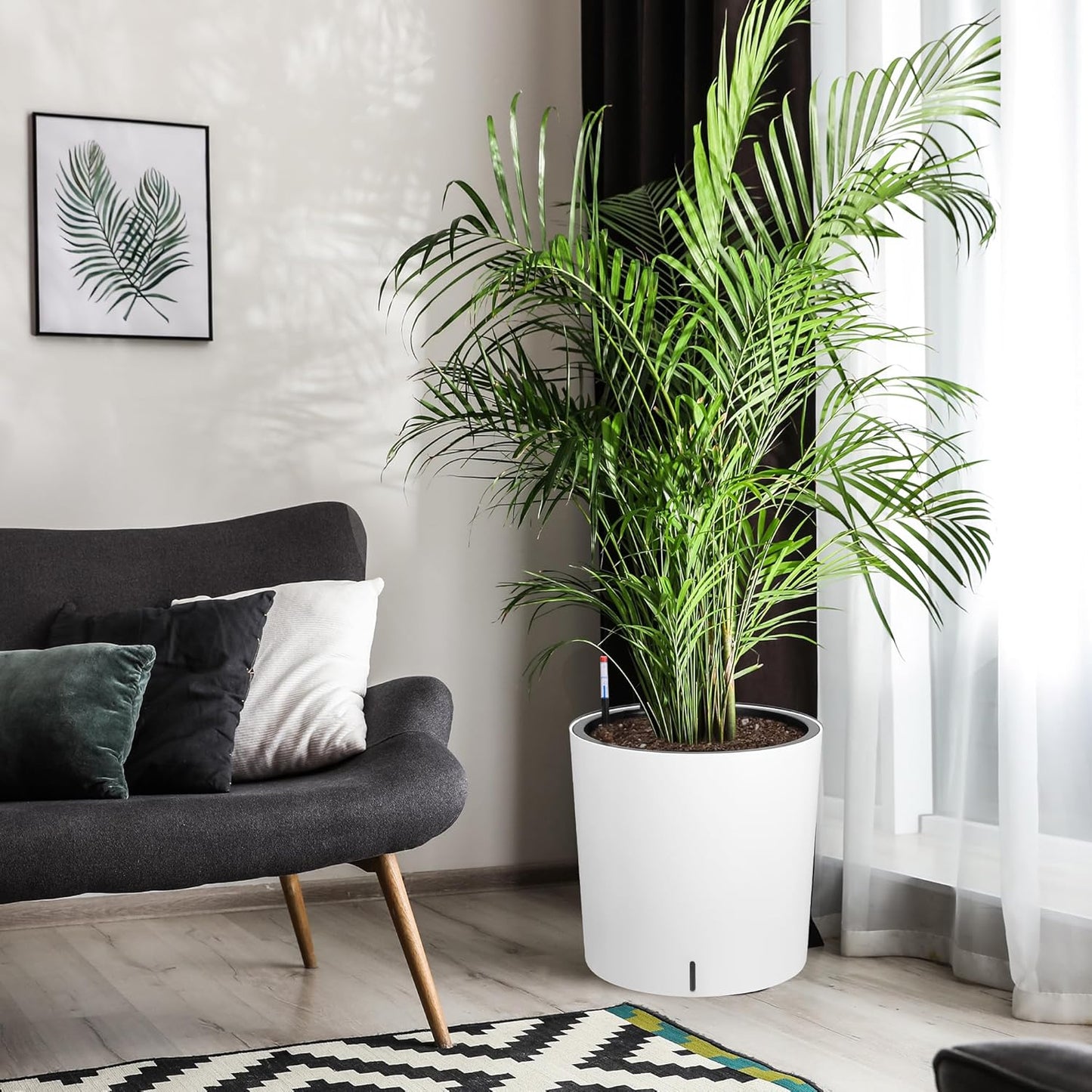 Tall Round Planter Set of 2, 19.5‘’ H x 19.9" Dia Large Planters for Indoor Plants with Built-in Drainage and a Water Level Monitor and Wheels for Patio, Porch, Living Room, or Home Office, White