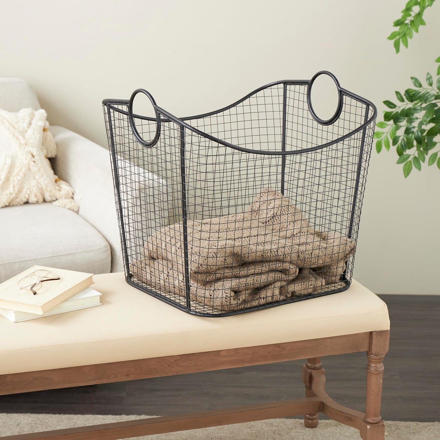 Deco 79 Metal Decorative and Functional Storage Basket Deep Basket Organizer with Round Handles, Basket for Storage 20" x 18" x 20", Black