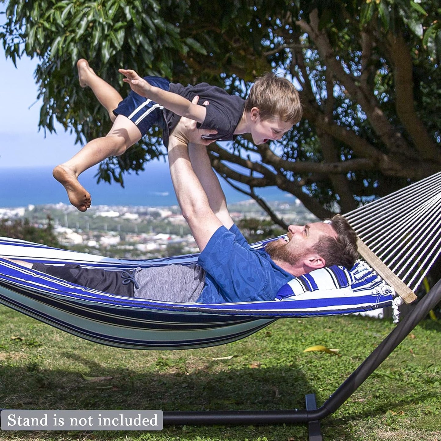 SUNCREAT Hammocks Quilted Fabric Hammock, Double Hammock with Spreader Bar, Soft Pillow, Max 475lbs Capacity, Blue Stripes