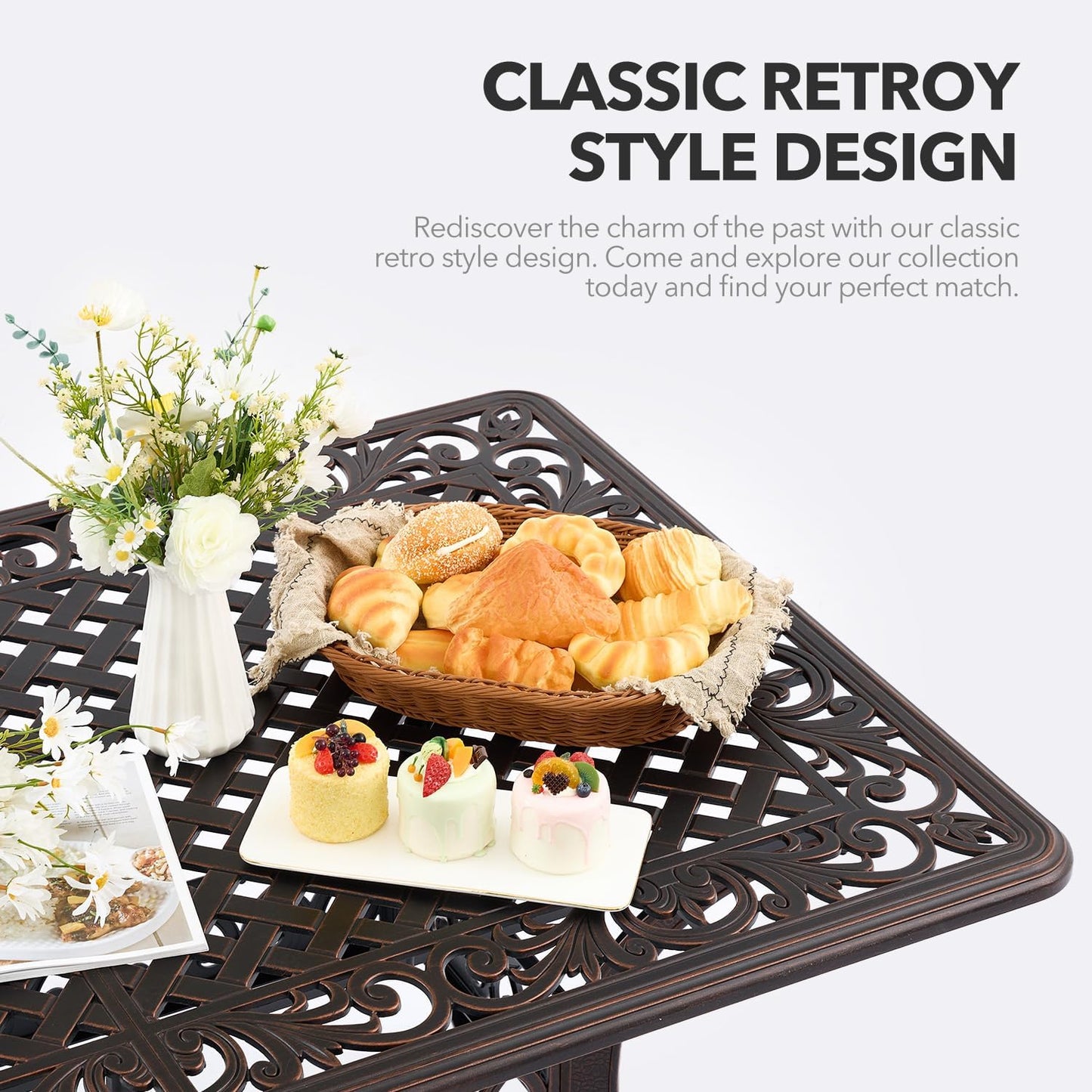 59” Patio Outdoor Dining Table for 6, Cast Aluminum Rectangle Patio Dining Table Weather Resistant with 2" Umbrella Hole for Patio Deck Garden (Copper, 59" Classic Table)