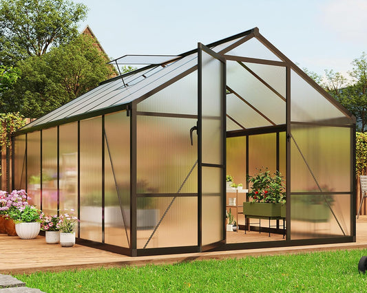 8 x 12 FT Greenhouse, Greenhouses for Outside, Polycarbonate Greenhouse with Aluminum Frame, Lockable Door and Ajustable Roof Vent for Backyard, Green Houses for Outside Garden Backyard, Patio