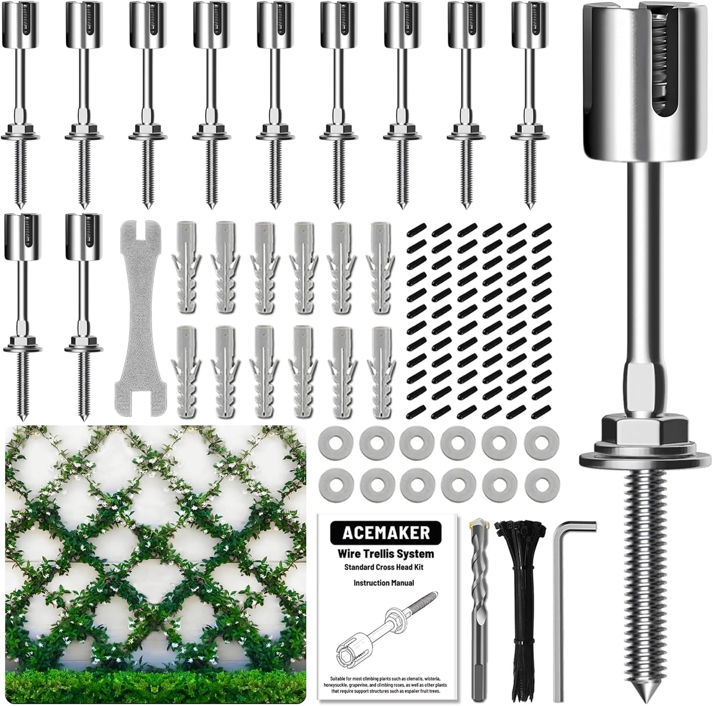 Wire Trellis for Climbing Plants Outdoor, 12 pcs Wall Wire Trellis Kit, T316 Stainless Steel Wall Trellis Kit Espalier Cable Trellis System (Hubs Only, Without Cable)