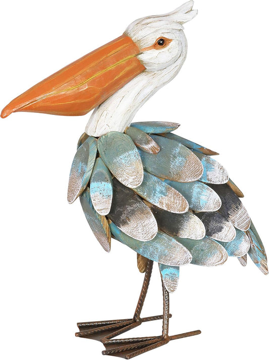 Exhart Garden Sculpture, Pelican Garden Statue, Hand Painted Wood and Metal Outdoor Garden Decoration, 13 x 5 x 15 Inch