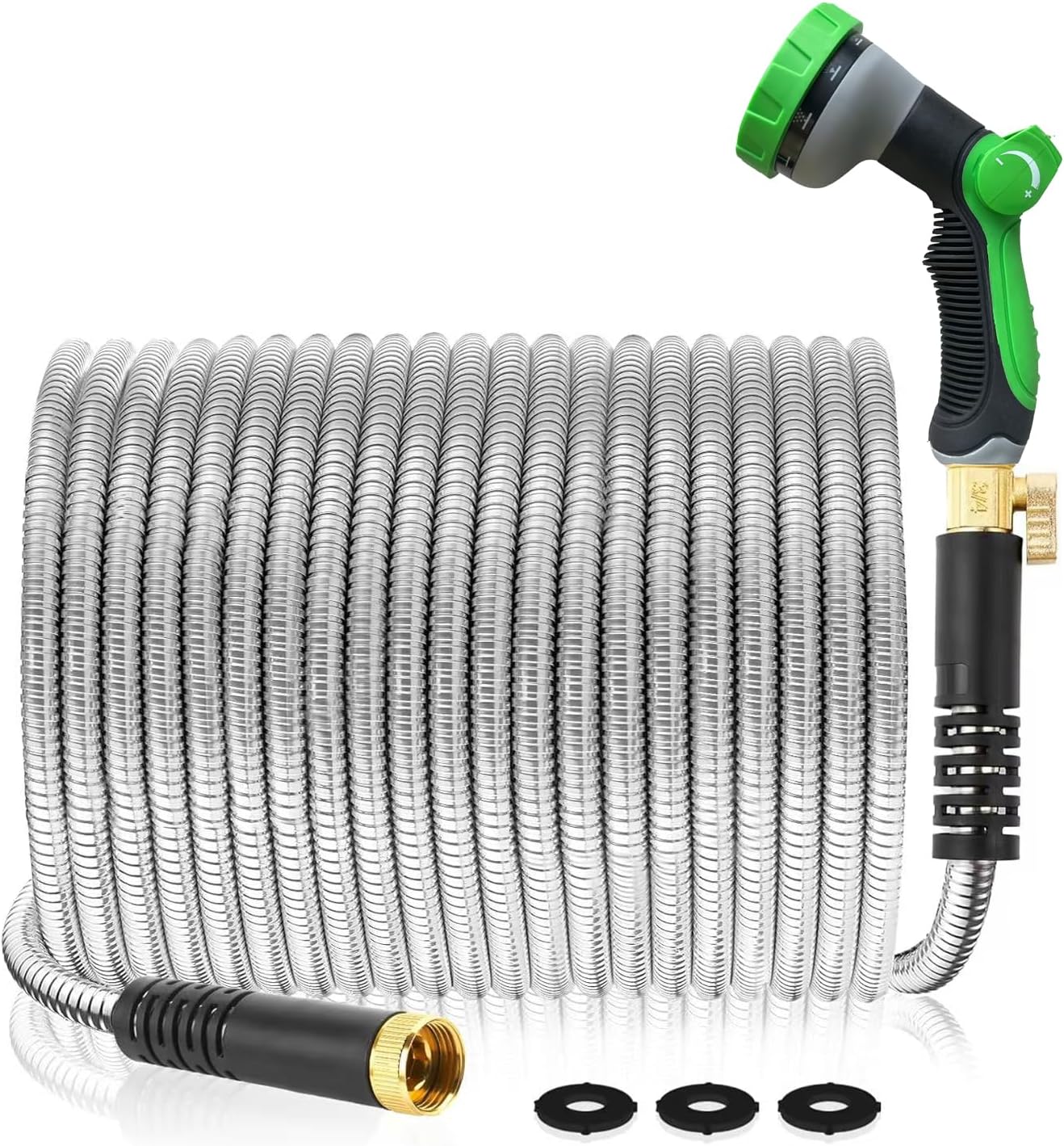 Metal Garden Hose 100Ft Stainless Steel Water Hose Heavy Duty with 10 Way Nozzle-Flexible Lightweight Durable No Kink & Tangle，Strong 3/4’’ Solid Metal Fitting a Stop Valve for Outdoor Yard