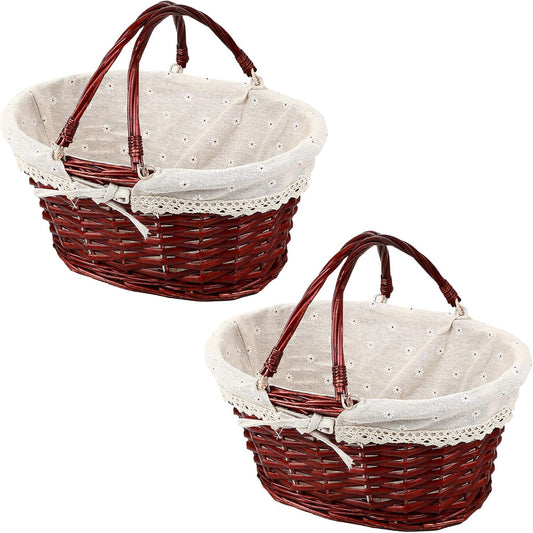 KINJOEK 2 Packs Wicker Woven Basket, Multipurpose Natural Willow Basket with Handle Premium Linen Cotton Cloth Lining for Storage and Decoration, Brown