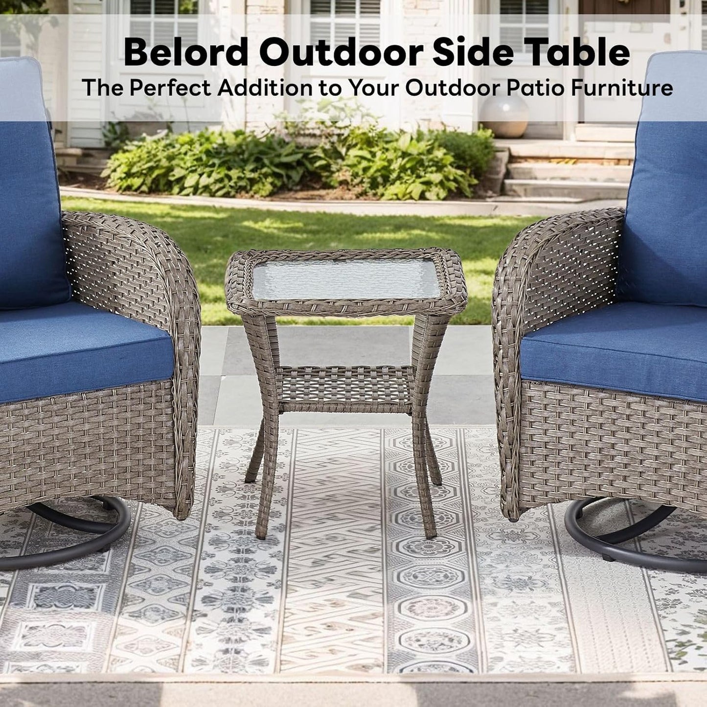 Handwoven Wicker Side Table - 20 Inch Small Outdoor Table 2 Tier Storage with Tempered Glass Top, All Weather Outdoor Patio End Tables for Deck Balcony Outside Gray