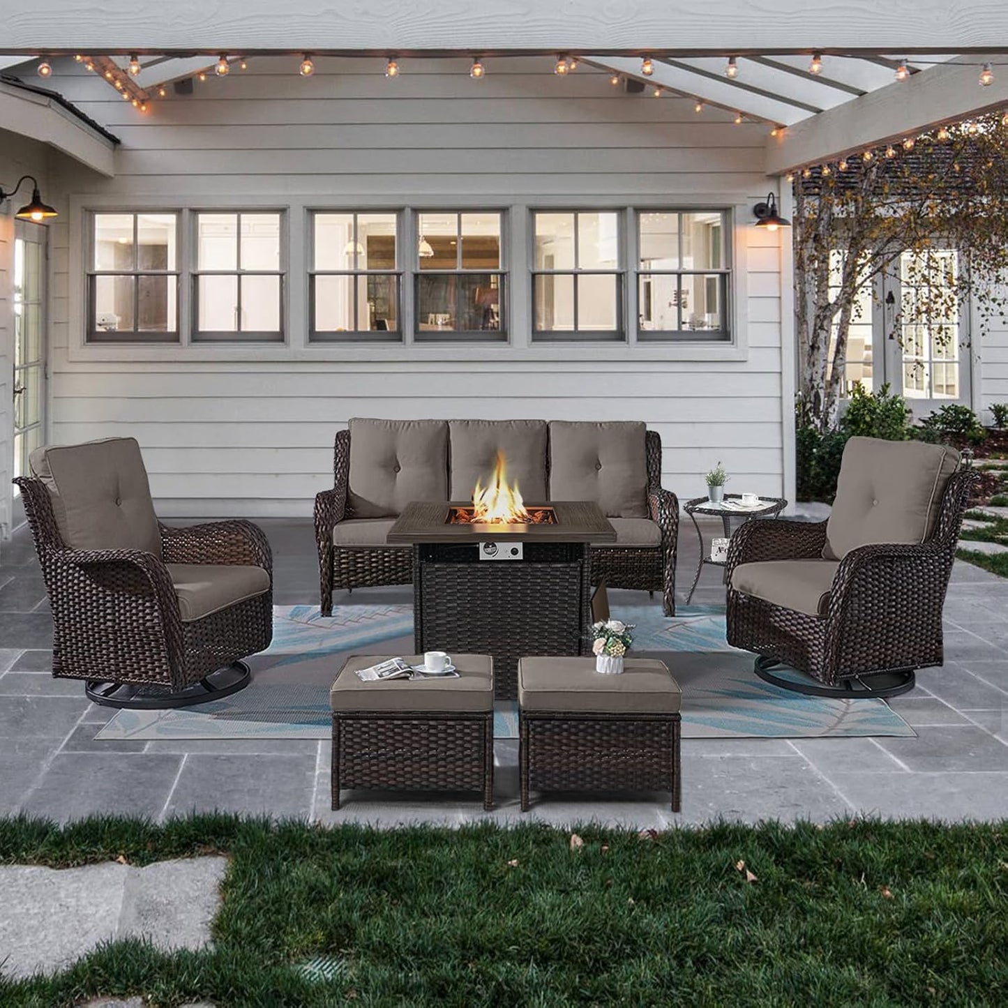 Outdoor Patio Furniture Set with 50000BTU Propane Fire Pit Table, 7 Pieces Wicker Patio Conversation Set with 2 Swivel Glider Rocker Chair Rattan Sofa Grey Cushion Perfect for Casual Gathering