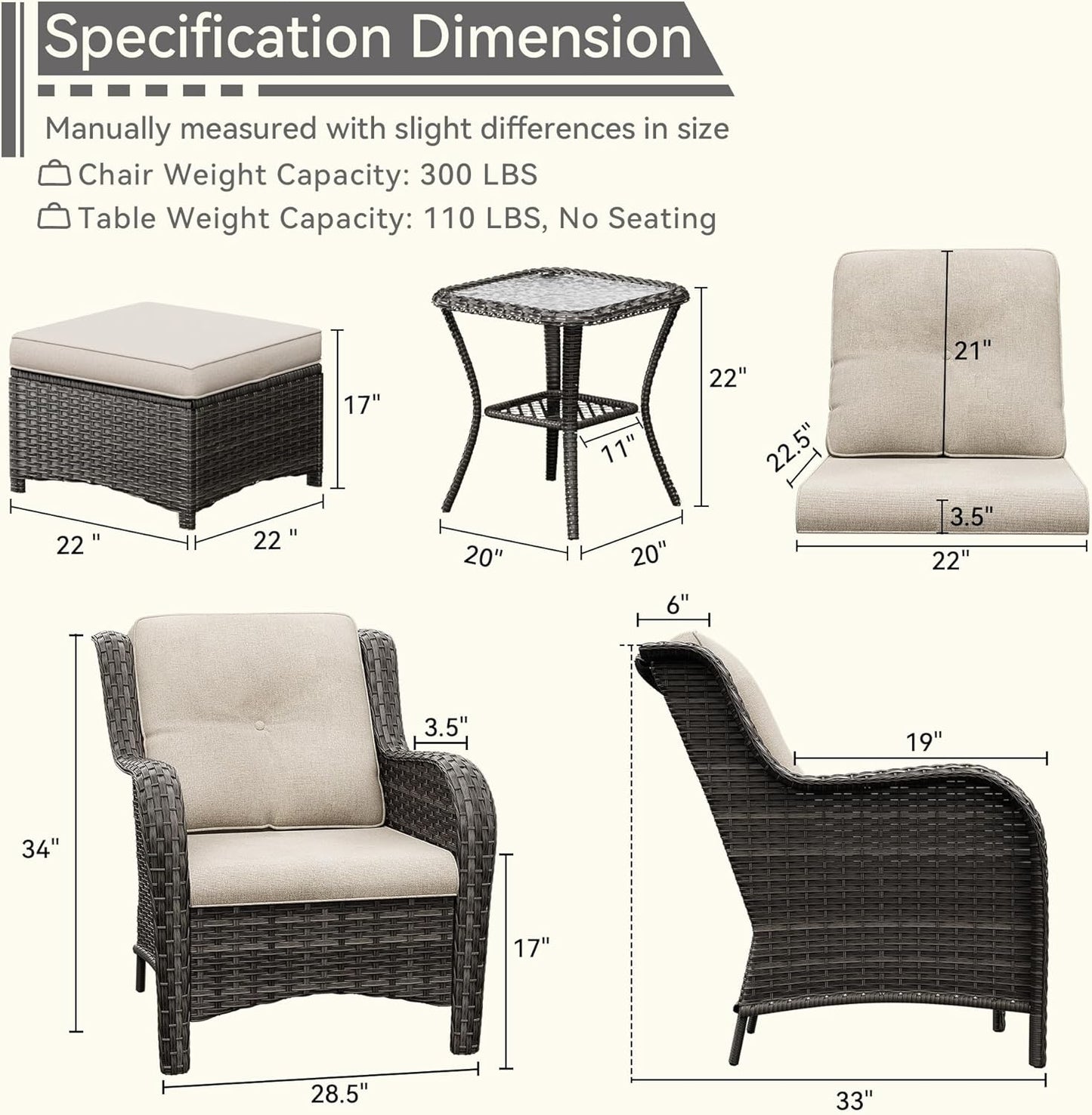 5 Pieces Patio Conversation Set, Wicker Chairs Set of 2 and Two Ottomans with 3.5-inch Seat Cushions, 1 Side Table High Back and Curved Armrest for Backyard, Balcony and Deck, Beige
