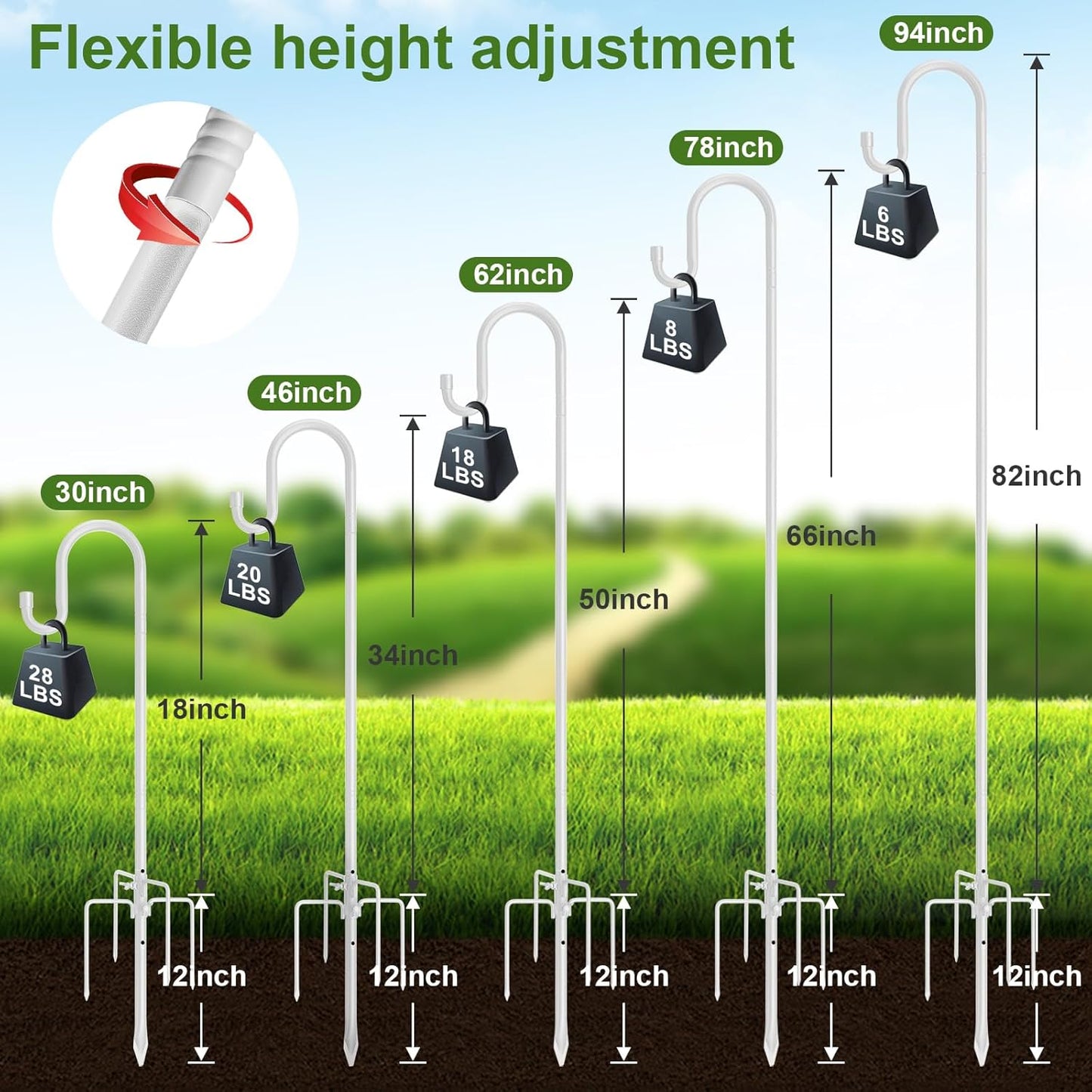 Bird Feeder Pole with Shepherds Hook - Heavy Duty Hummingbird Feeder Stand with 5 Prong,78" Adjustable Rustproof Garden Hooks Outdoor for Hanging Birdfeeder,Wind Chimes,Lanterns,Solar Lights,White