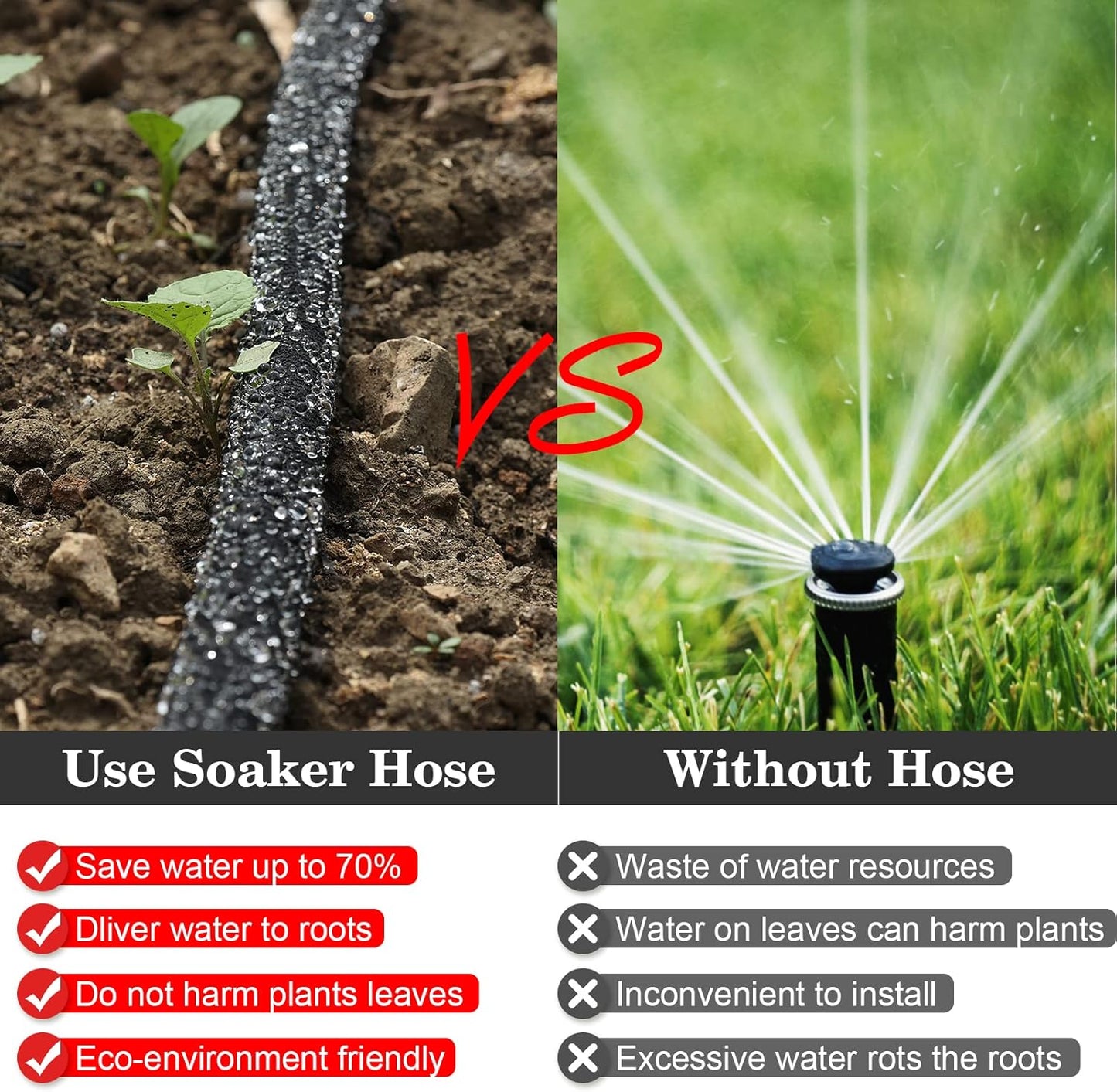 Soaker Hose 100 FT Pro for Garden Beds 1/2 Inch Rubber Longer Lasting Drip Irrigation Save 70% of Water Various Accessories Great for Lawn and Yard