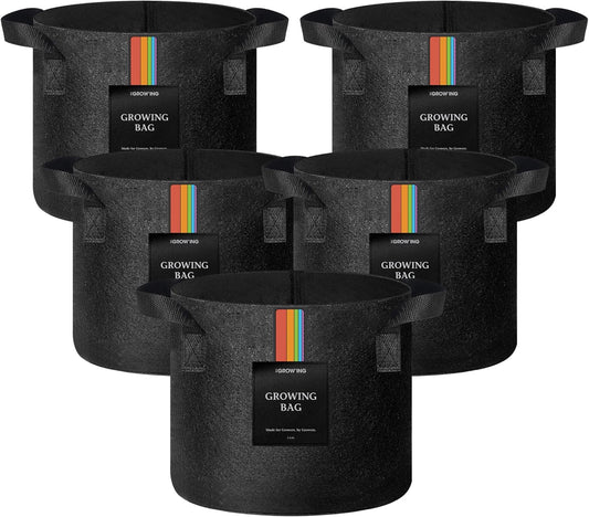 The Growing 5 Pack 2 Gallon Fabric Grow Bags，Thickened Aeration Nonwoven Fabric Plant Pots with Durable Handles,Heavy Duty 300G Planter Pot for Tomato, Fruits, Vegetables and Flowers, Black