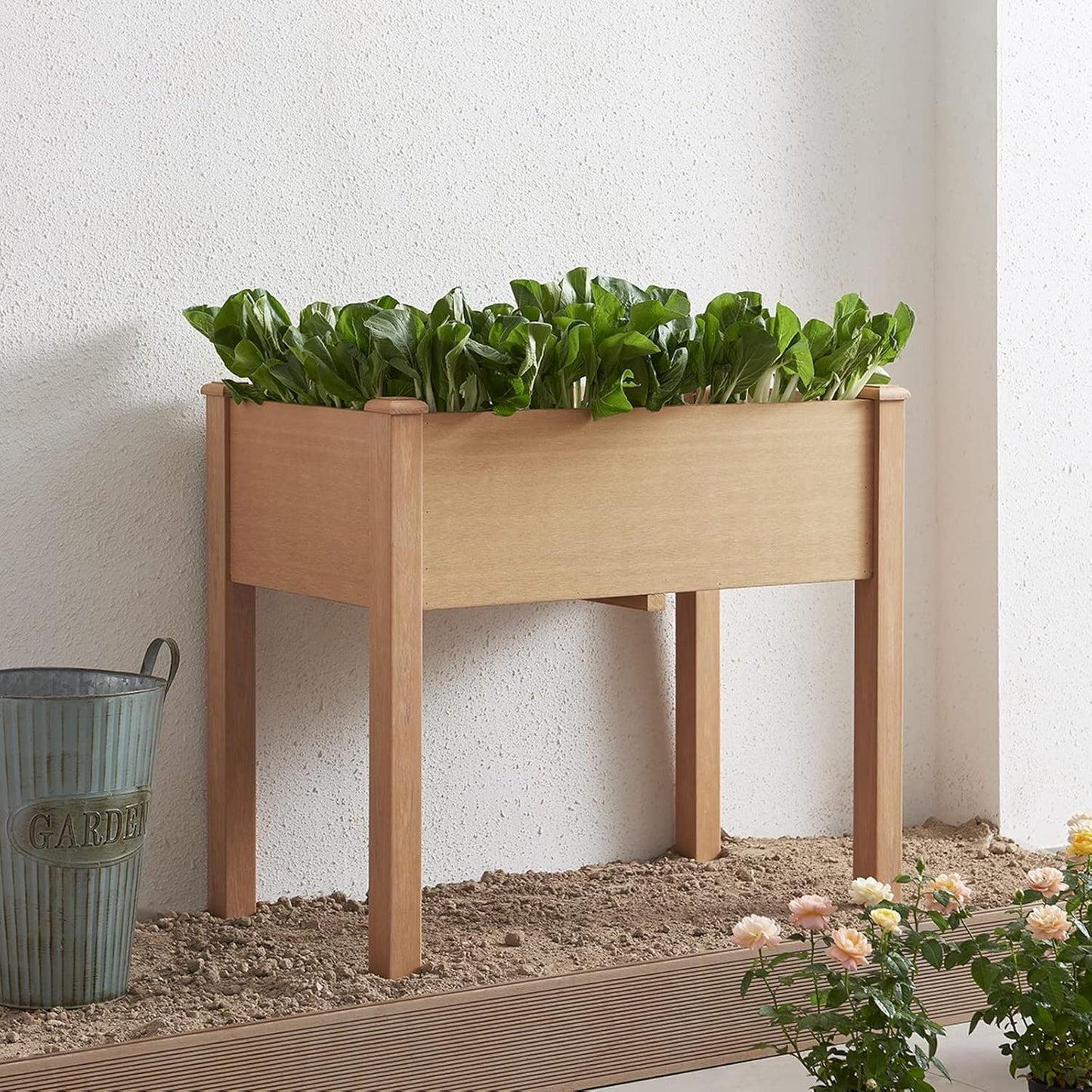 Psilvam Raised Garden Bed with Legs, Poly Lumber Raised Planter Box, Outdoor Elevated Garden Bed Suit for Backyard, Patio, Balcony 34" D x 18" W x 30" H（Teak Color）