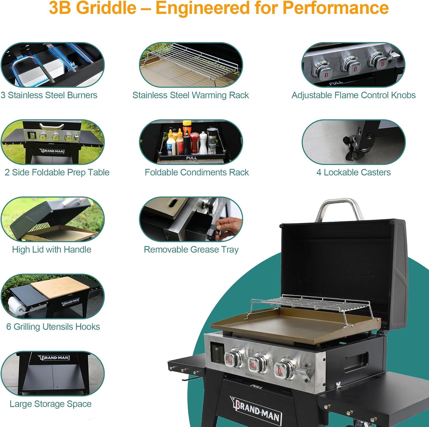 Brand-Man 3-Burner Portable Propane Gas Griddle with Lid - 28,000 BTU Flattop Griddle Grill, 504 Sq. In., Folding Side Tables, Rolling Cart for Outdoor BBQ, Camping, Patio