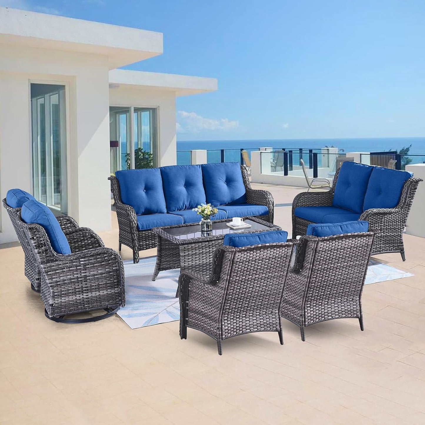 Outdoor Wicker Furniture Patio Set - 7 Piece Backyard Furniture Grey Rattan Conversation Sets with Swivel Rocker Chairs, Rattan Sofa, Club Chairs and Coffee Table, Blue Cushion
