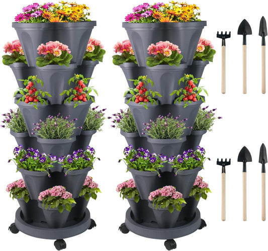 Vertical Planter 6 Tier Stackable Planters Garden Planters Strawberry Herb Flower and Vegetable Planter Indoor Outdoor Gardening Pots with Removable Wheels and Tools