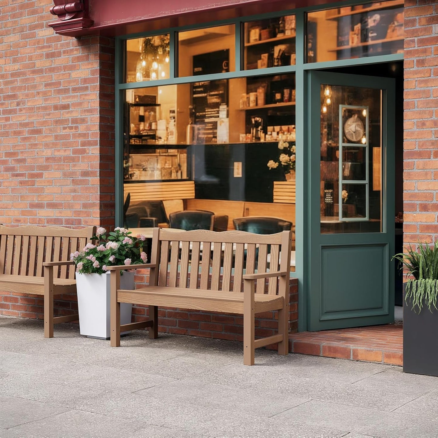 Outdoor Bench, 2-Person Poly Lumber Garden Bench, All-Weather Outside Bench with 800 lbs Weight Capacity, Never Rot or Fade, Looks Like Real Wood, Teak