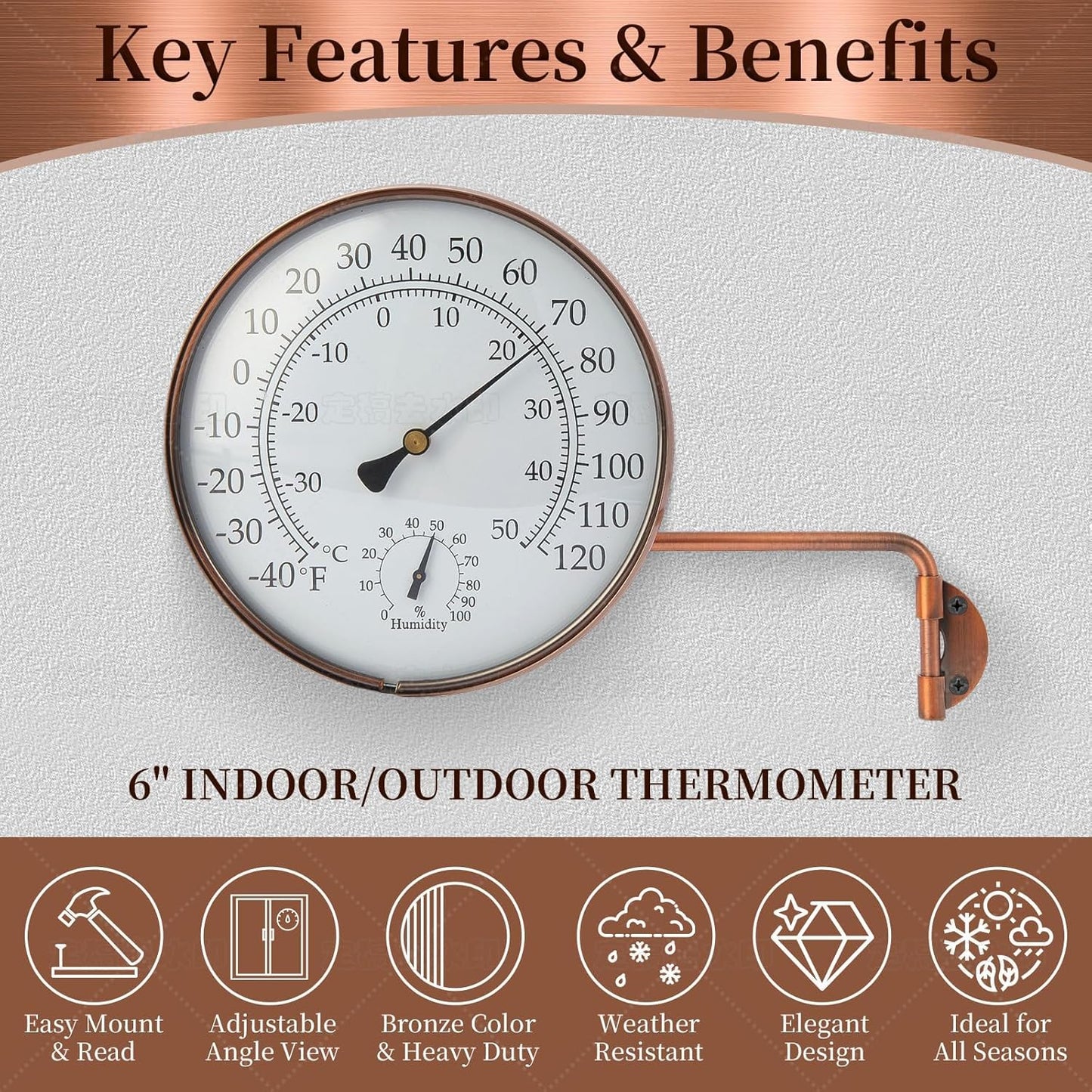 6-Inch Outdoor Thermometer for Patio. Accurate Window Thermometer for Outside Temperature, Greenhouse, Garage.Solid Brass Swivel with Humidity (6inch Thermo&Hygrometer)