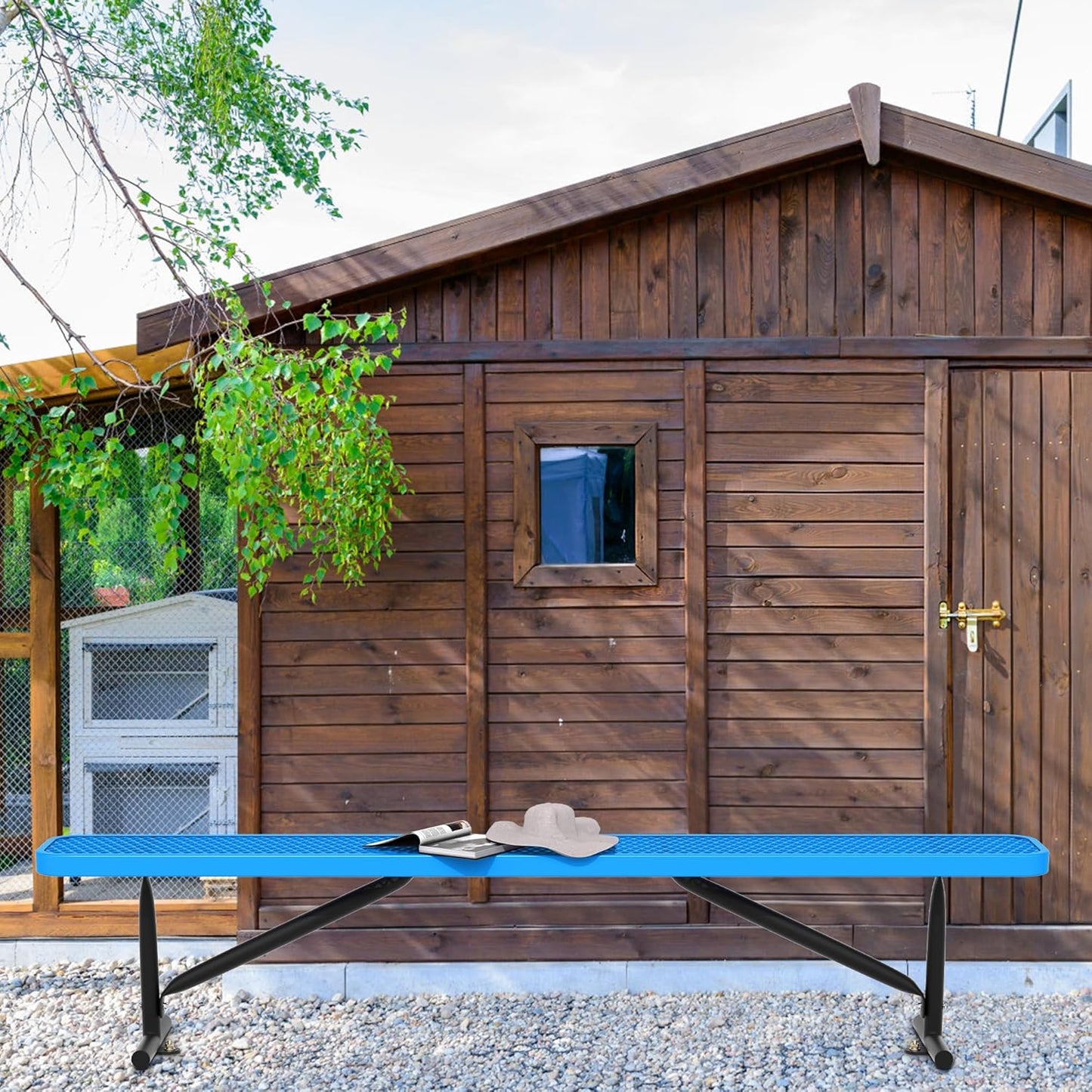 8 Feet Heavy Duty Metal Park Bench for Outside, Outdoor Bench with Portable Frame, Commercial Benches for Shopping Mall, Store, Park, Patio, Deck, Blue