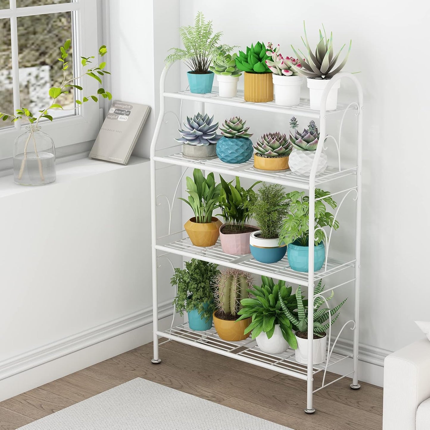 SORCEDAS Plant Stand Indoor Outdoor Plant Shelf 4 Tier Metal Corner Flower Stand Multiple Holder for Patio Garden Balcony Living Room, White