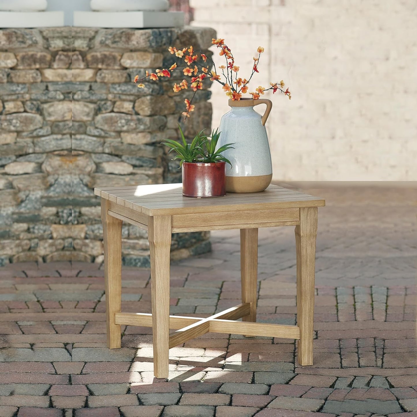 Signature Design by Ashley Outdoor Eucalyptus Carter Hall Patio End Table, Beige