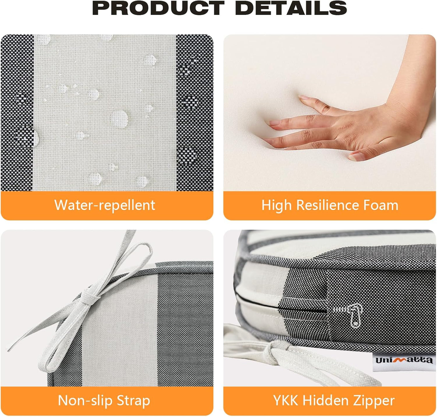 Round Corner Seat Cushions, 17" x 16" x 2", Set of 4, Indoor Outdoor Water Repellent Universal Chair Pads with Ties for Patio Furniture, Garden Deck Dining Chairs, Gray Stripe