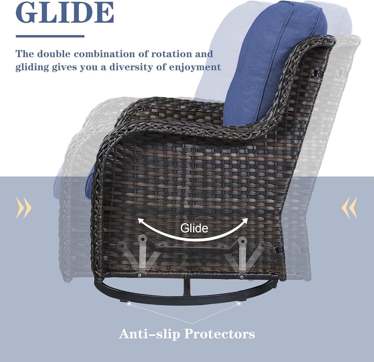 5 Pieces Patio Wicker Furniture Set - 4 Outdoor Swivel Rocker Glider Chairs with 50000BTU Propane Fire Pit Table, Warm Patio Conversation Set Blue Cushion Perfect for Casual Gathering