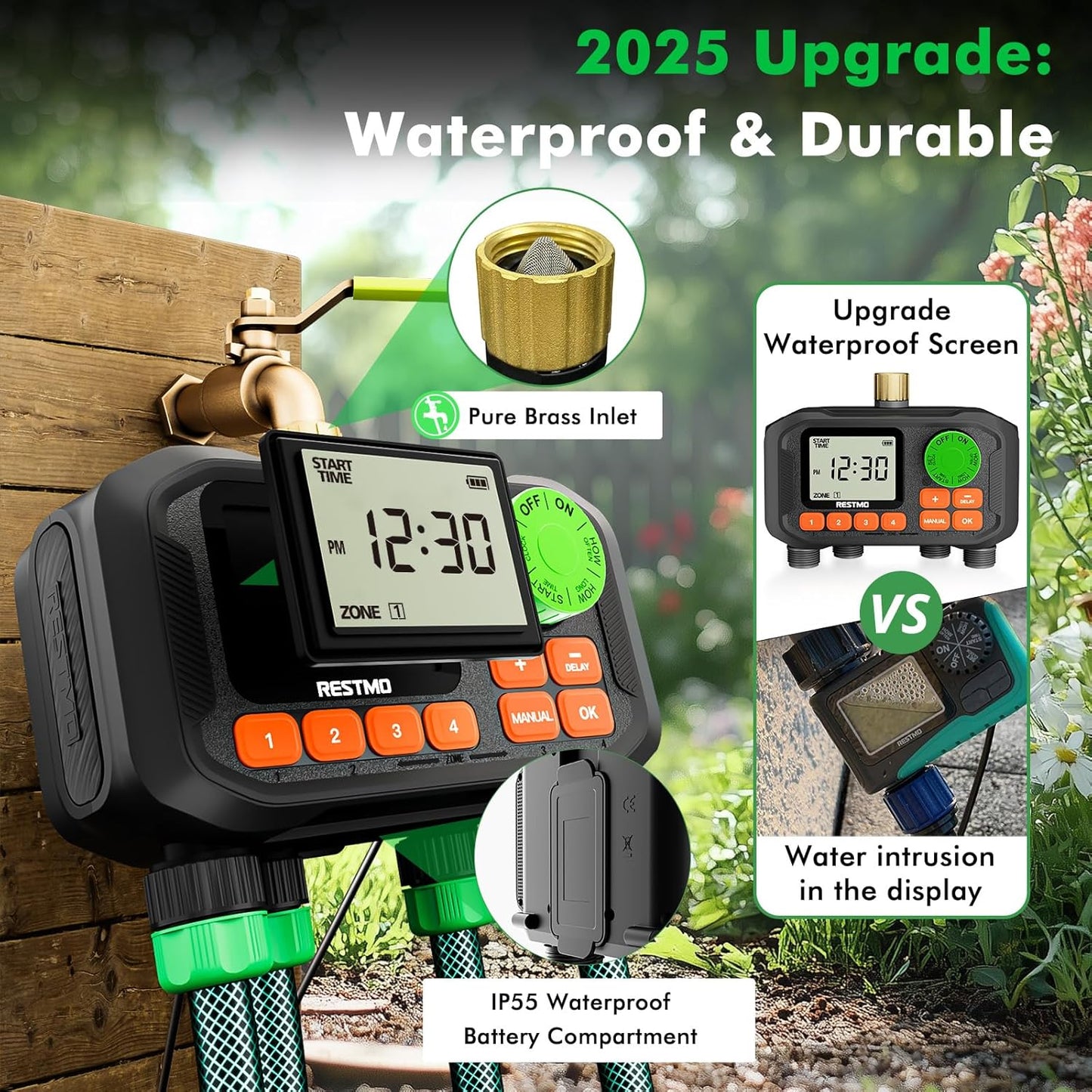RESTMO 4 Zone Sprinkler Timer with Brass Inlet, Programmable Water Timer for Garden Hose, Automatic Control | Manual ON/Off | Rain Delay for Outdoor Faucet, Drip Irrigation and Lawn Watering System